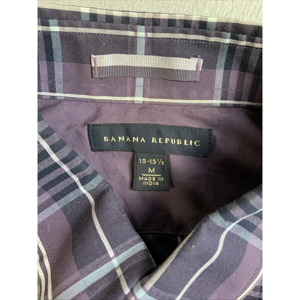 Banana Republic Shirt Mens Size Medium Purple Plaid Long Sleeve Button Down‎